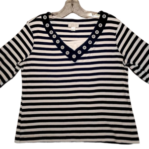 Christopher & Banks Women's Blue & White Striped V-Neck Long Sleeve Blouse Large